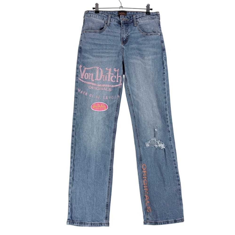 Von Dutch Jeans Women 27 Straight Leg Pink Logo Y2K McBling VD26532HF38